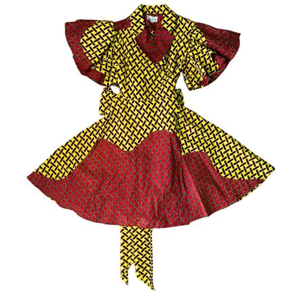 Yellow Black & Red Geometric Ankara Print 100% Cotton Layered Wrap Dress (S) - Picture 4 of 12